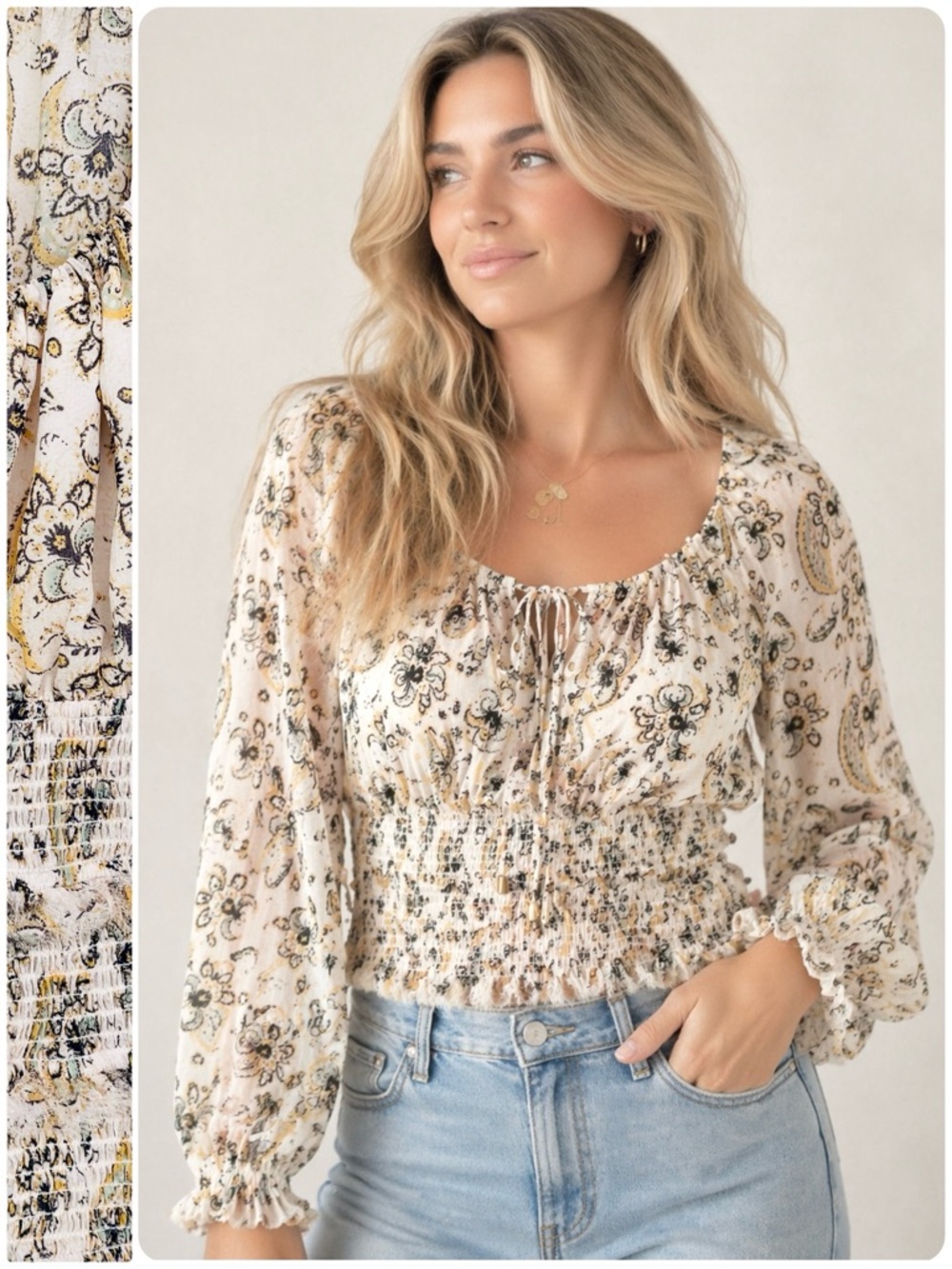 Free People Chiffon Lolita Top Tiered Smocked Ruffle Raw Hem Drawstring Tie
